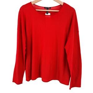 Eileen Fisher Red Merino Wool Funnel Neck Sweater Size Medium Roll Hem Flawed